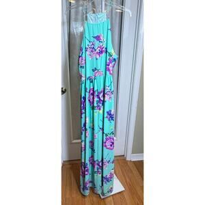 Everly Womens Large Green Floral Print Spaghetti Strap Maxi Dress Casual Boho